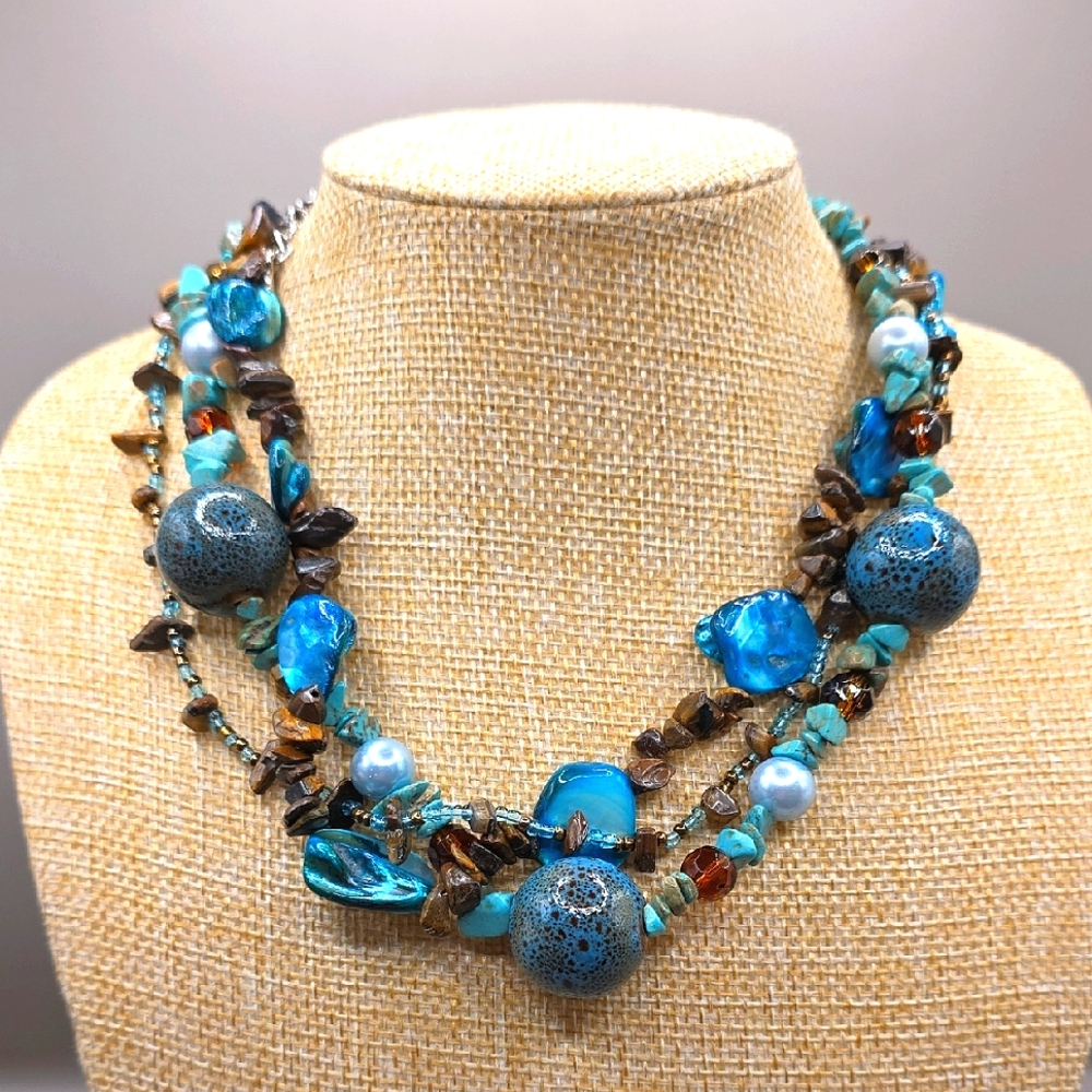 Chunky Triple Strand Blue and Brown Motif Beaded Necklace